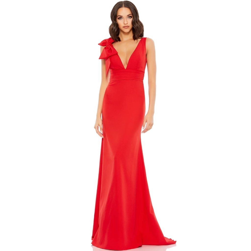 Mac Duggal Sleeveless Plunge V-Neck Shoulder Bow Gown, Red 8 New